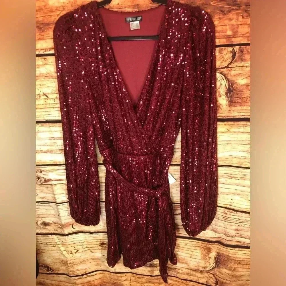 🍒💃🏻Cherry Bomb💃🏻🍒 Red Burgundy Long sleeve Sequin Wrap Dress NWT - Picture 3 of 14